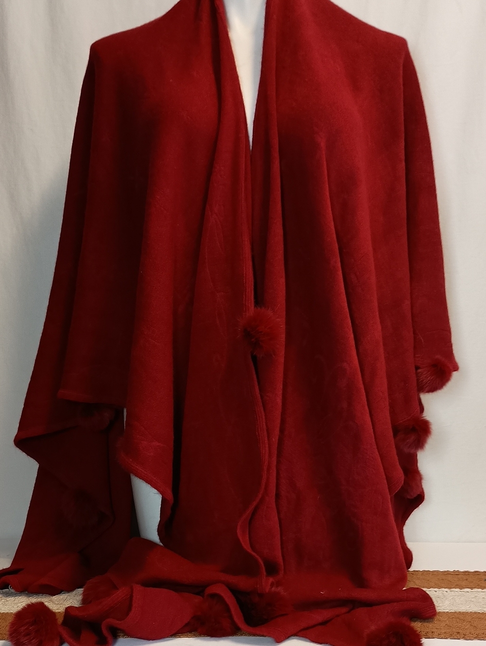 Women's One Size Wool Open-Front Cardigan/Cape with Pom-Pom Wine Red Burgundy